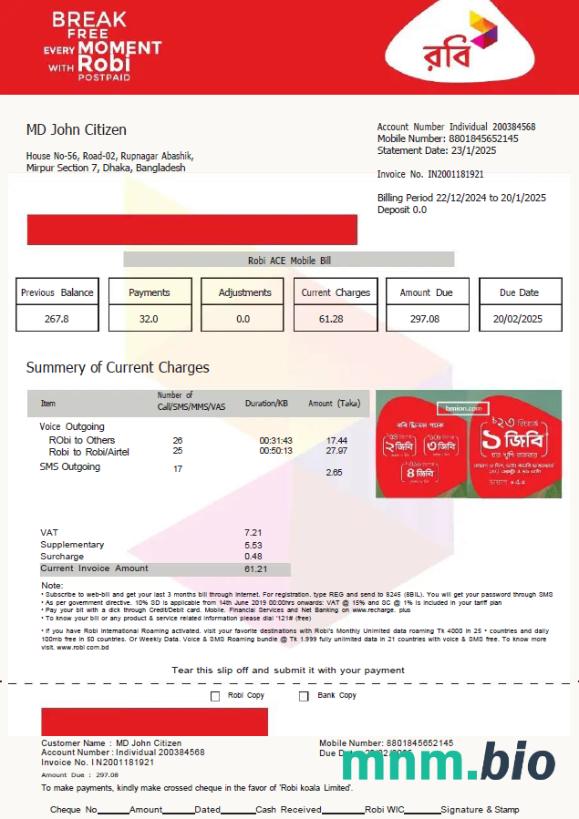 Bangladesz Robi Axiata Limited rachunek za media szablon w formatach Word i PDF, Wersja 2